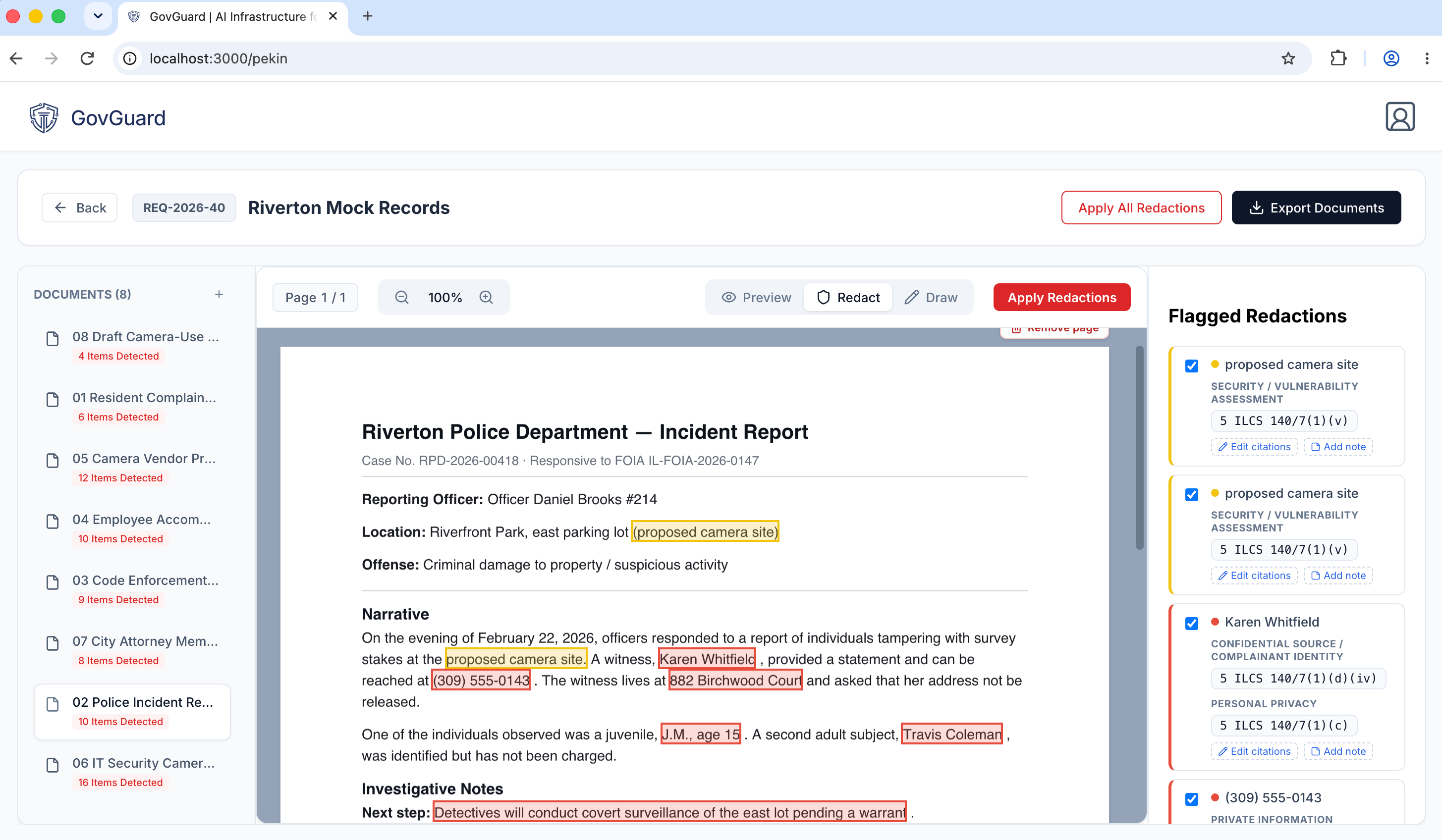 GovGuard redaction workspace: a police incident report with flagged redactions and the Illinois FOIA exemption citations applied to each one